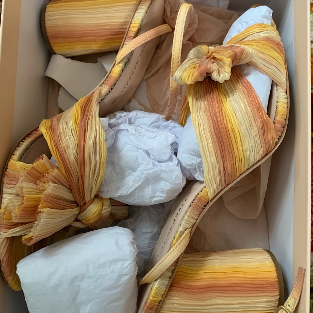 Loeffler Randall Pleated Knot Block Heel Sandals in Yellow and Orange